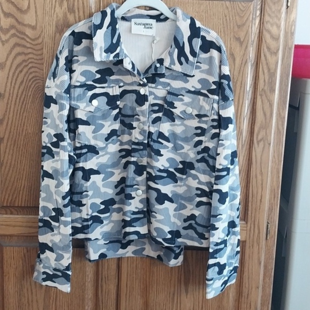 Savanna‎ Jane NWT Size Large Tan Grey Black Camo Print Corduroy Jacket Shacket